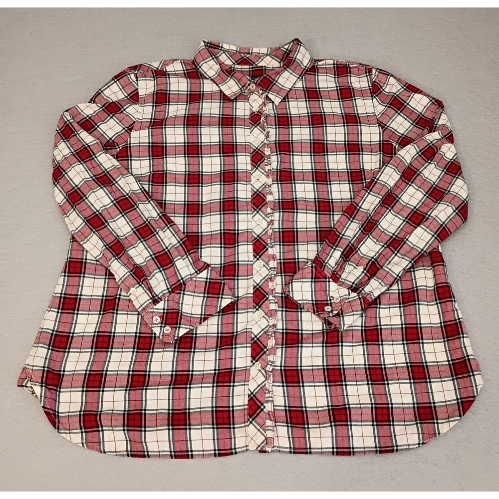 TALBOTS Black Red‎ White Plaid Stretch Ruffle Holiday Shirt Blouse Top XL